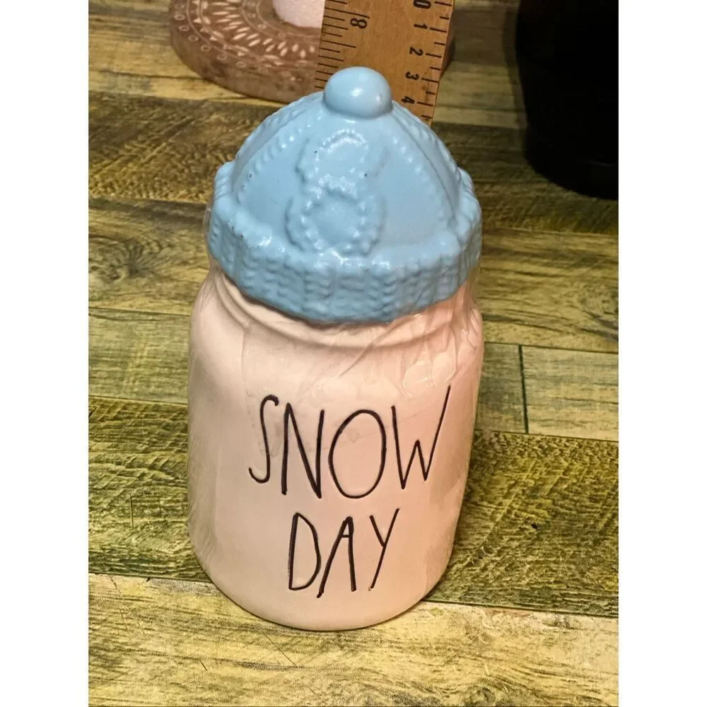 Rae Dunn SNOW DAY w/ BLUE Hat Lid Ceramic Baby Canister Candy Jar Farmhouse Deco